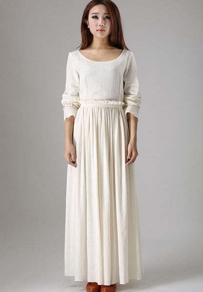 Handmade Linen Maxi Dress – Elegant White Pleated Long Dress for Bridesmaids or Prom 838