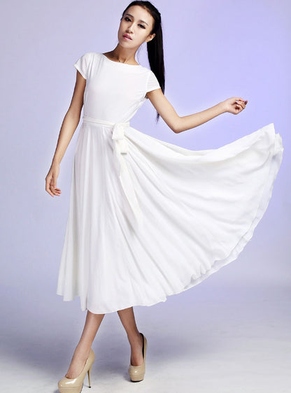 White Chiffon Maxi Dress - Cap Sleeve Cinched Waist | Xiaolizi 627