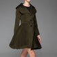 Woman's Swing Coat - Army Green Fit and Flare Short Winter Jacket with Leather Collar Lapels & Self-Tie Waist (1414)