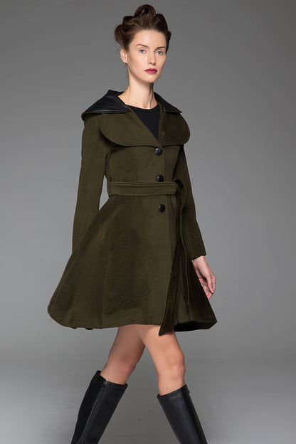 Vintage Wool Coat for Women – Handmade Olive Green Short Belted Winter Coat with Leather Lapel | Xiaolizi 1414