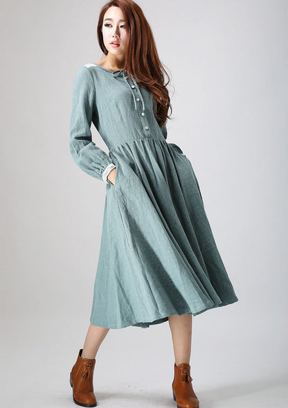 Sage Green Linen Midi Dress - Flowy Silhouette with Lace Detail 794