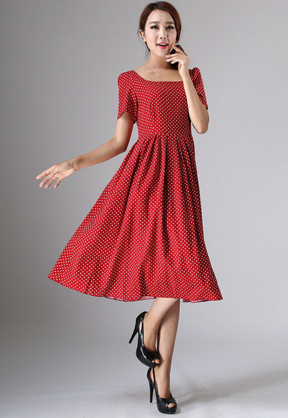 Red Linen Cotton Blend Midi Dress - Fit and Flare Polka Dot 974