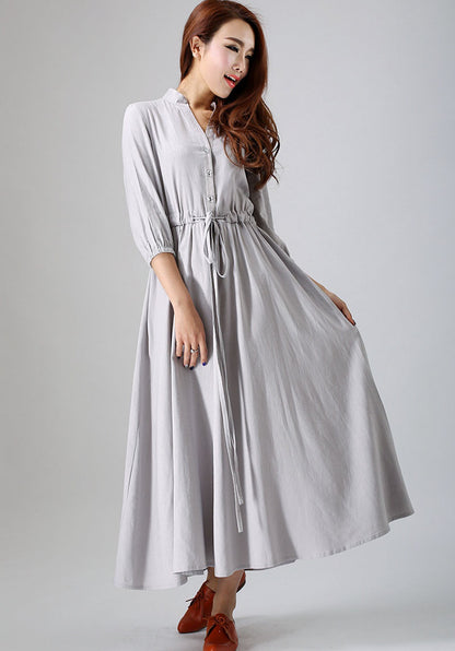 Gray Cotton-Linen Maxi Shirt Dress with Buttons and Pockets | Xiaolizi 0785