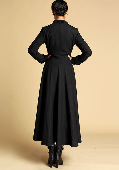 Handmade Wool Long Coat – Vintage Black Fit & Flare Winter Dress Coat | Xiaolizi 0355
