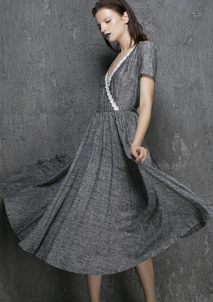 Grey Linen Midi Dress - Fit and Flare with White Lace Trim 1319
