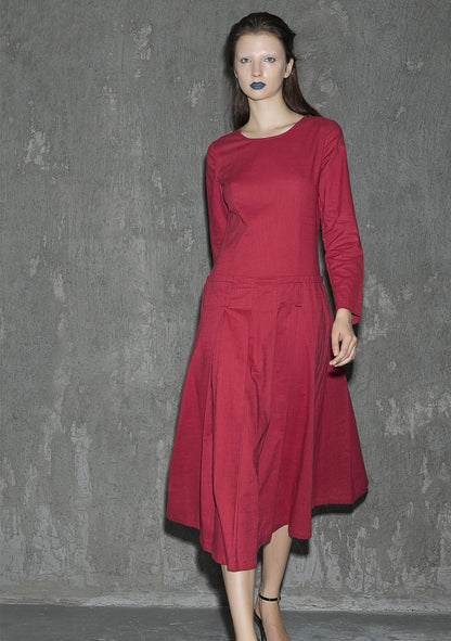 Red Linen Maxi Dress - Round Neck, Long Sleeve 1313
