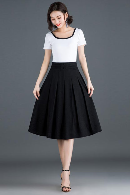 Black Polyester Midi Skirt - High Waist A-Line Silhouette CYM319