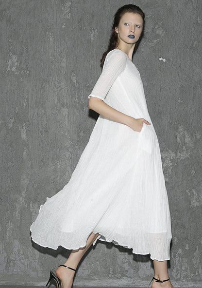 White Linen Maxi Dress - Round Collar, Elbow Sleeve Flowy Silhouette 1305