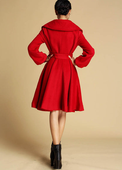 Handmade Red Wool Swing Coat – Elegant Winter Fit and Flare Overcoat with Belt | Xiaolizi 335