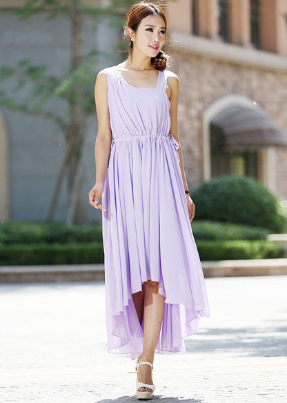 Purple Chiffon Maxi Dress - Irregular Hem, Adjustable Waist 992