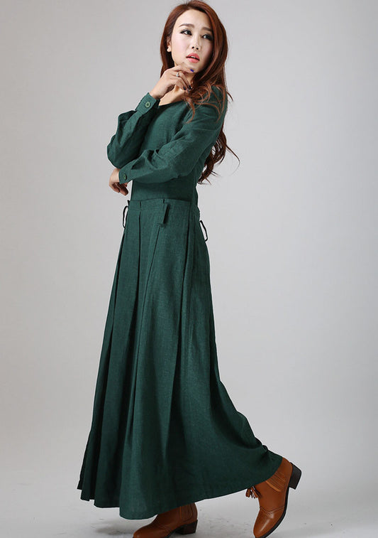 Green linen dress woman maxi dress custom made long sleeve linen dress (788)