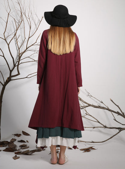 Red Cotton Linen Duster Coat – Handmade Long Cardigan Jacket 1135