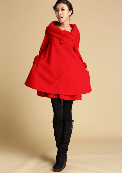 Black Wool Mini Dress - Oversized Swing with Chunky Collar 733