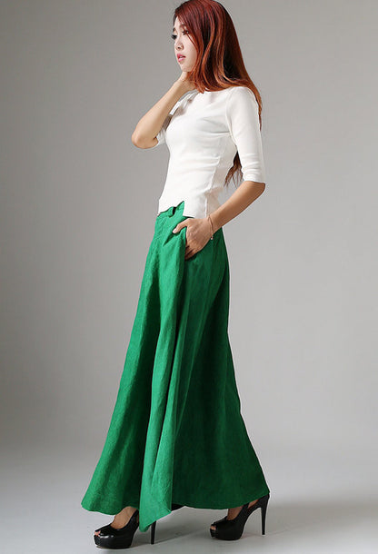 Green Linen Cotton Maxi Skirt – Handmade Modern Boho Long Skirt | Xiaolizi 1038