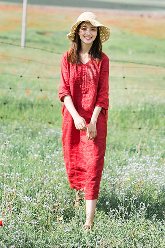 long linen dress for summer with 3/4 sleeves and v-neck CYM469