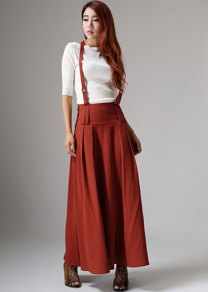 Vintage A-Line Suspender Skirt – Dark Rust Linen, Maxi Length – 1035