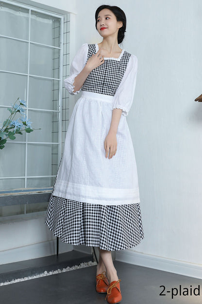 Brown Linen Maxi Dress - Pleated, Square Neckline with Ruffle 3368