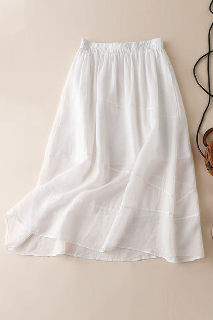 White Linen Maxi Skirt - Elastic Waist, Flowing Silhouette 3597