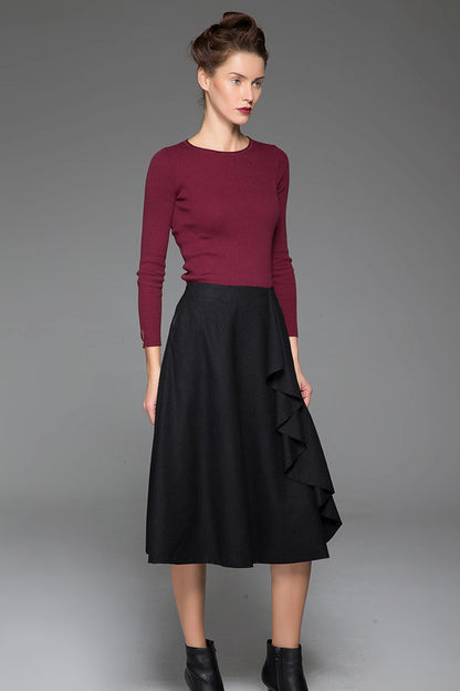 Black Wool Skirt - Over Knee Length with Flower Lace Detail 1438