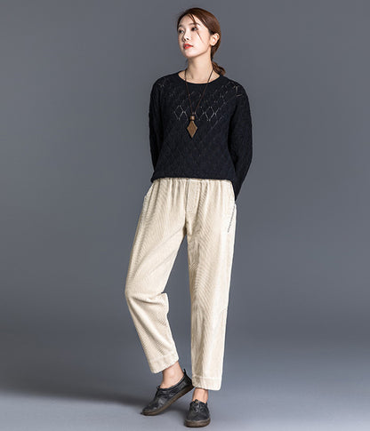 Brown Cotton Corduroy Wide Leg Pants - Elastic Waist, Ankle Length 2603