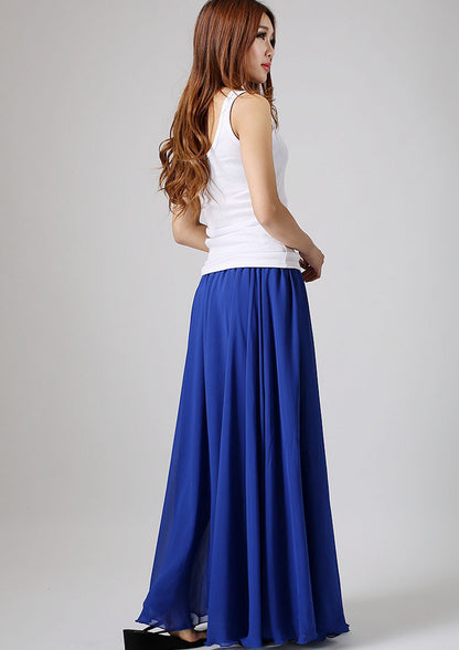 Navy Chiffon Maxi Skirt - Flowing Ruffle Waist 861