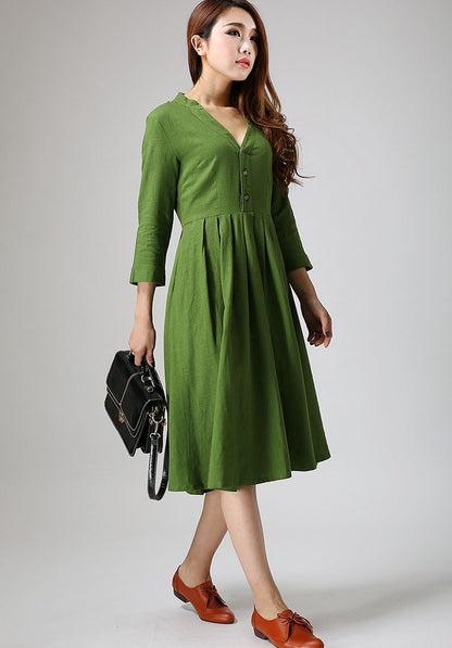 Green Linen Midi Dress - Pleated Waist V-Neck Casual Dress 891