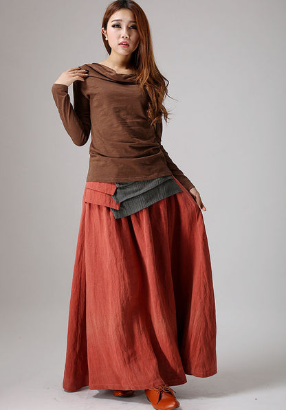 Orange Linen Maxi Skirt - Pleated, Regular Fit 856