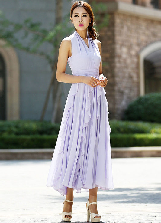 purple chiffon dress - charming halter women dress summer long dress - custom made (993)