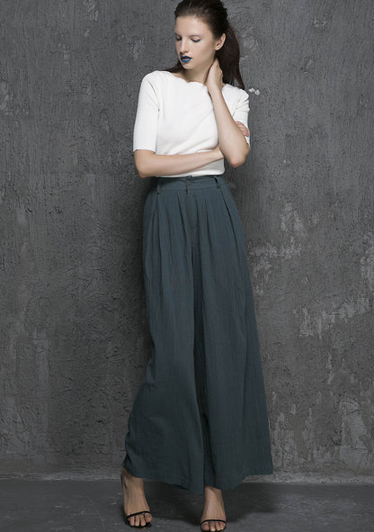 Green Linen Cotton Palazzo Pants - Wide Leg Ankle | Xiaolizi 1338