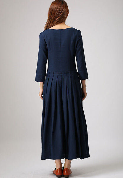 Blue Linen Maxi Dress - Button Front Pleated Waist | Xiaolizi 881
