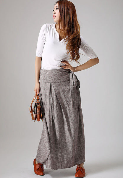 Gray Linen Cotton Wrap Maxi Skirt - Pleated Waist Tie Belt 872
