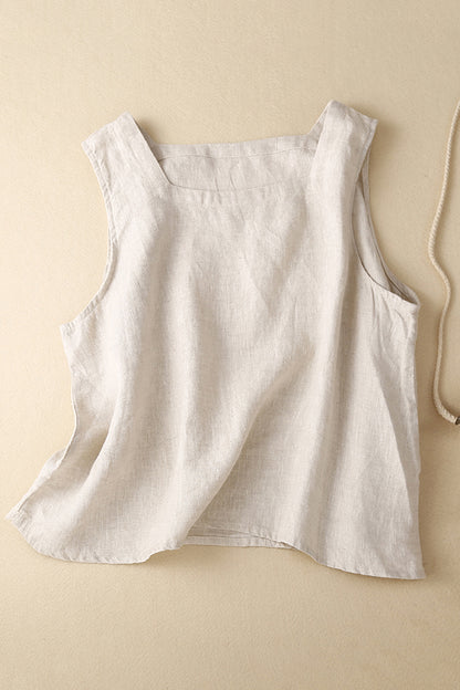Beige Linen Sleeveless Vest - Loose Fit Summer Essential 3644