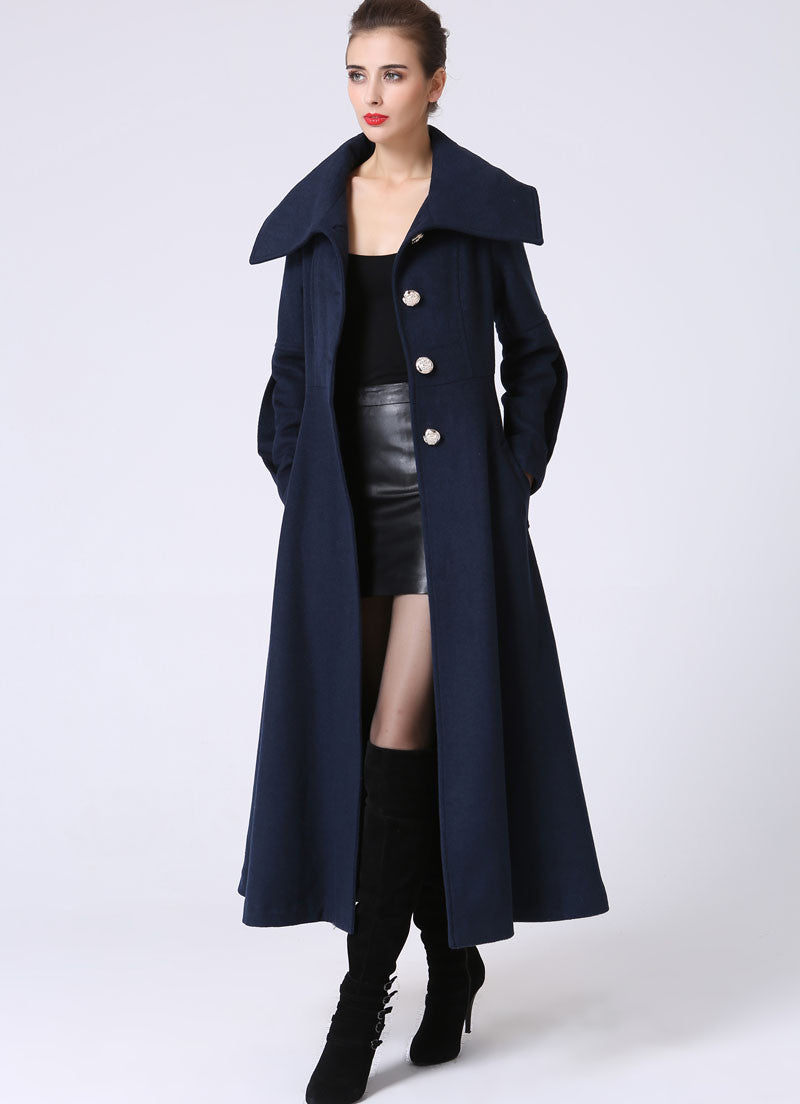Long Blue Winter wool Coat with big collar 1054#
