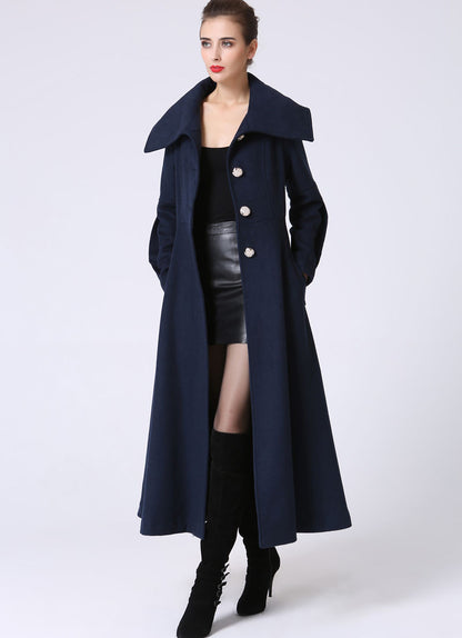 Navy Wool Coat - Asymmetrical Collar Flared Silhouette 1054