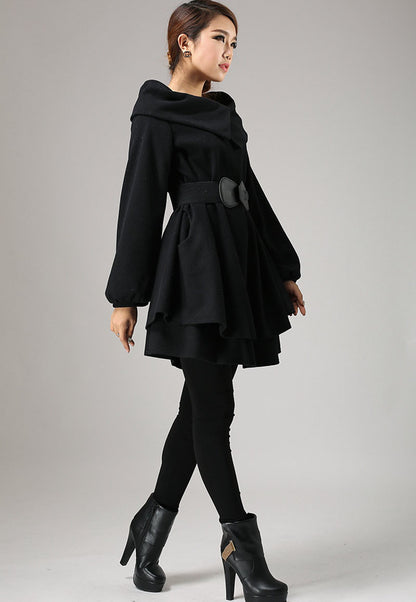 Black Wool Mini Dress - Oversized Swing with Chunky Collar 733