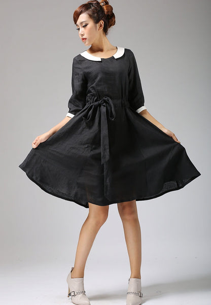 Black Linen Dress - Contrast Collar, Tie Waist, and Pleated Skirt 697