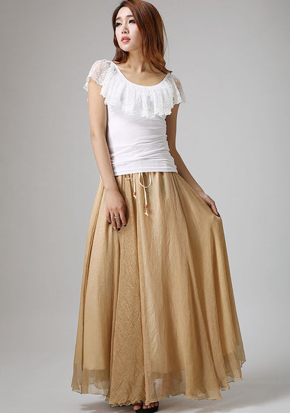 Khaki Chiffon Maxi Skirt - Ruffle Waist, Elastic Stretch 892