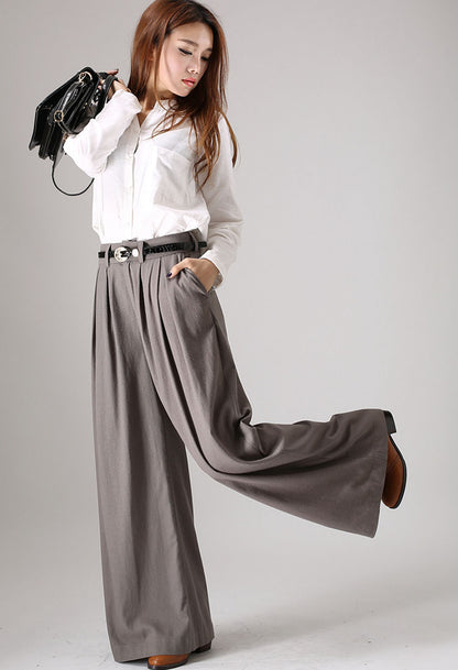 Grey Linen Palazzo Pants - Wide Leg Ankle Length Handmade | Xiaolizi 839
