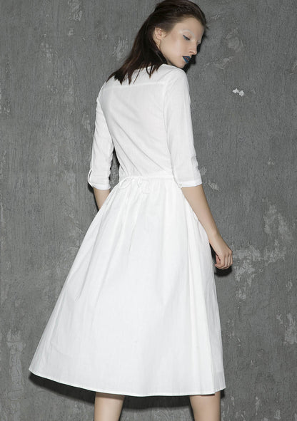 White Linen Maxi Dress - Round Collar with Button Front 1306