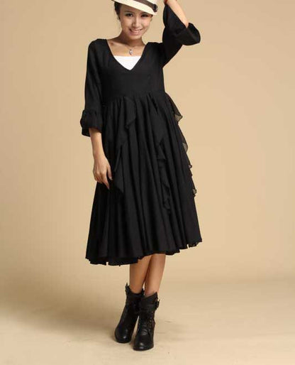 Black Linen Maxi Dress - Deep V-Neck and Pleated Ruffle Skirt 317