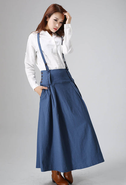 Blue Linen Maxi Skirt with Tie Belt and Pockets - Regular Fit 819