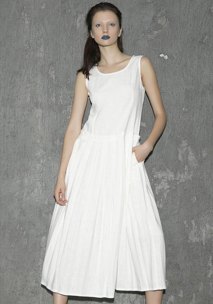 White Linen Maxi Dress - Sleeveless Pleated Silhouette 1308