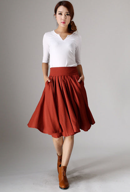 Red Linen Cotton Blend Pleated Midi Skirt - Flowing Waistband Detail 978