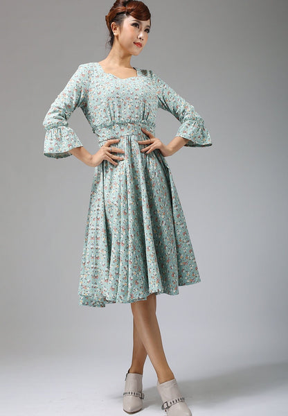 Blue Linen Midi Dress - Floral Print with Ruffle Details 678