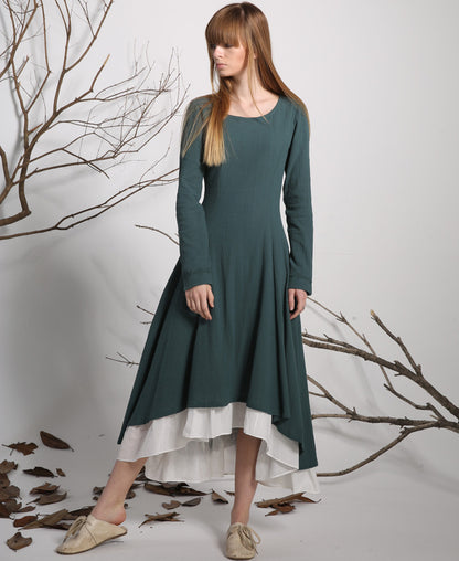 Green Linen Maxi Dress - Pleated Hi Lo Skirt with Chiffon Hem 1134