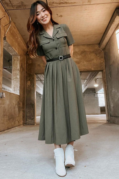 Green Cotton Linen Midi Shirt Dress - Belted Waistband 3726