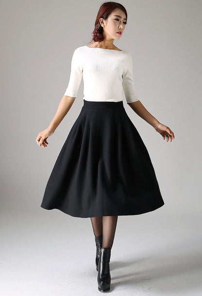 Black Pleated Midi Skirt – Handmade Wool Blend Winter Classic | Xiaolizi 1087