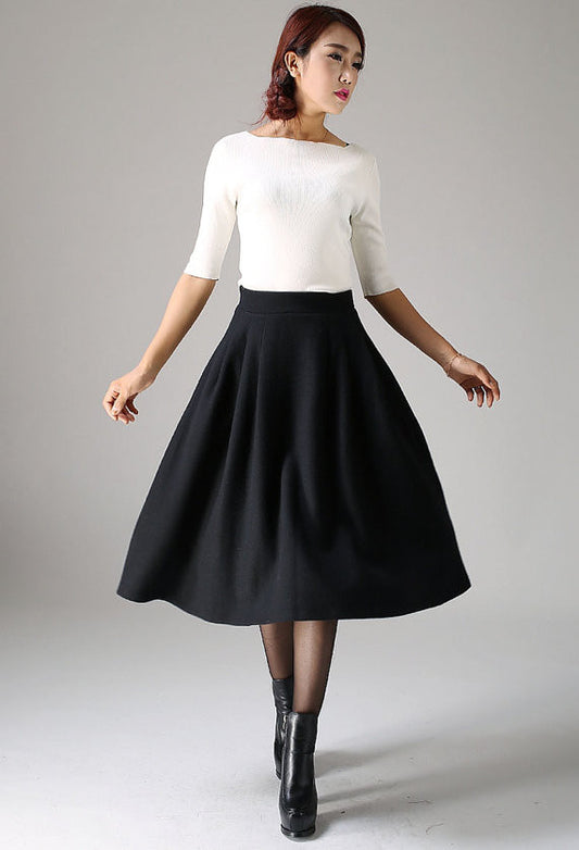 Black Pleated Midi Skirt – Handmade Wool Blend Winter Classic | Xiaolizi 1087