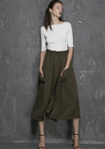 Army Green Linen Cotton Maxi Skirt - Elastic Waist with Draped Pockets 1335