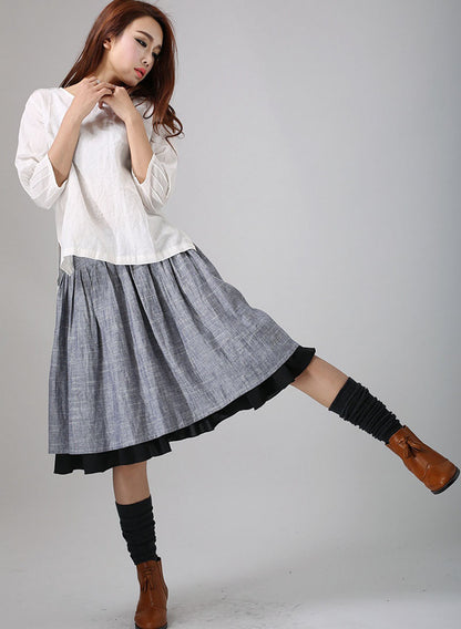Gray Linen Cotton Blend Midi Skirt - Pleated Waist with Black Layered Hem 777